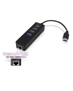 Ewent EW1140 USB 3.0 (3.1 Gen 1) 3-Poort Hub + Gigabit Ethernet - Zwart